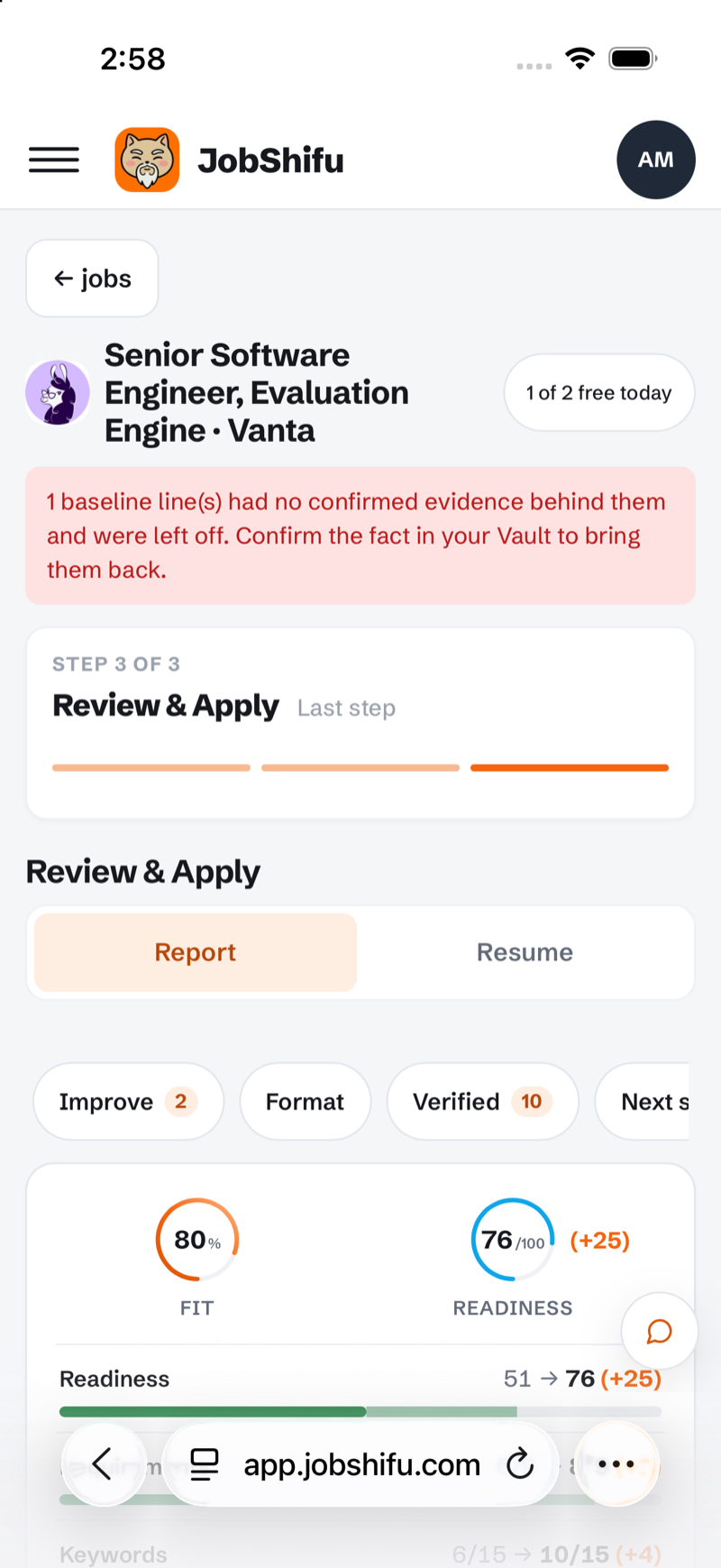 JobShifu's final step on the same control resume: Fit 80 percent, Readiness 51 to 76, and a notice that one baseline line had no confirmed evidence behind it and was left off.