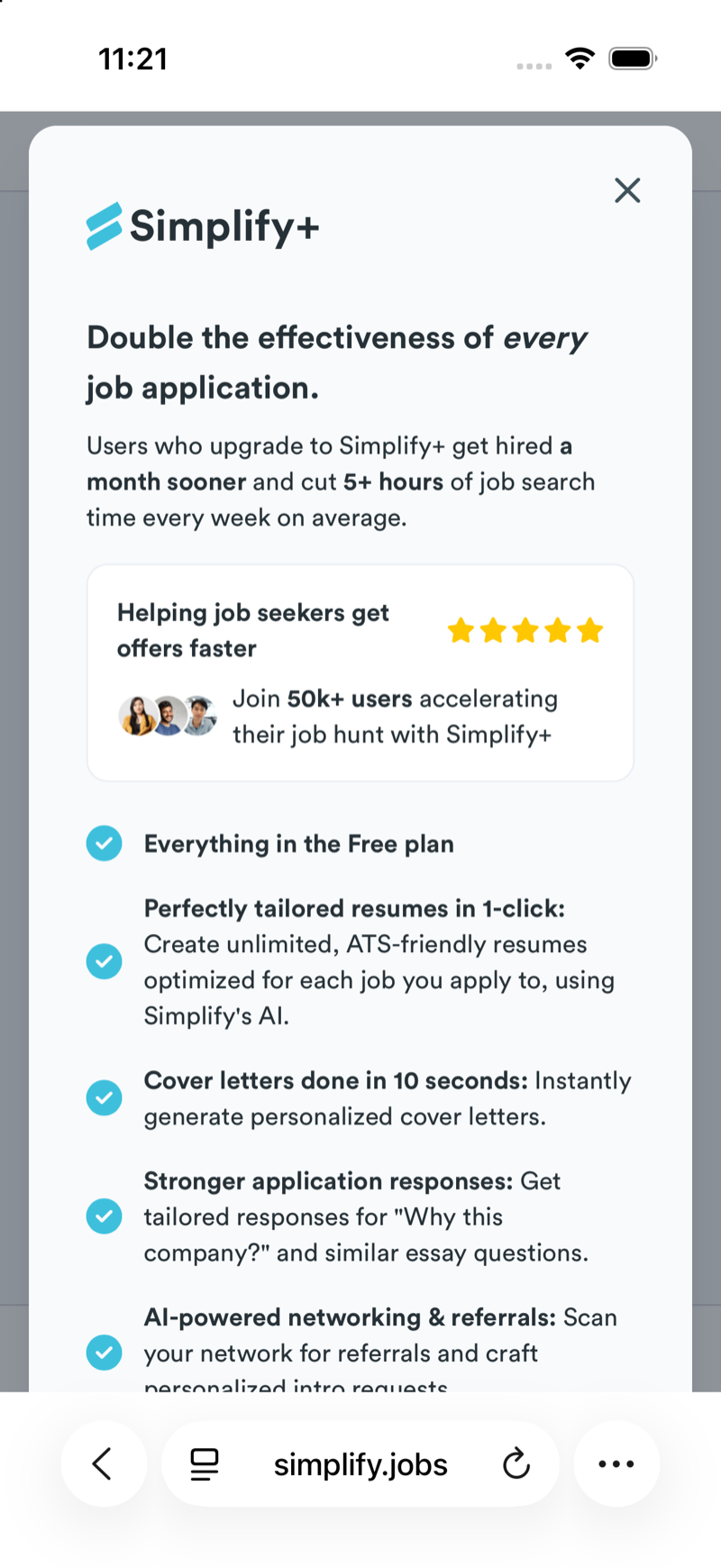 The Simplify+ screen listing perfectly tailored resumes in one click among paid features.
