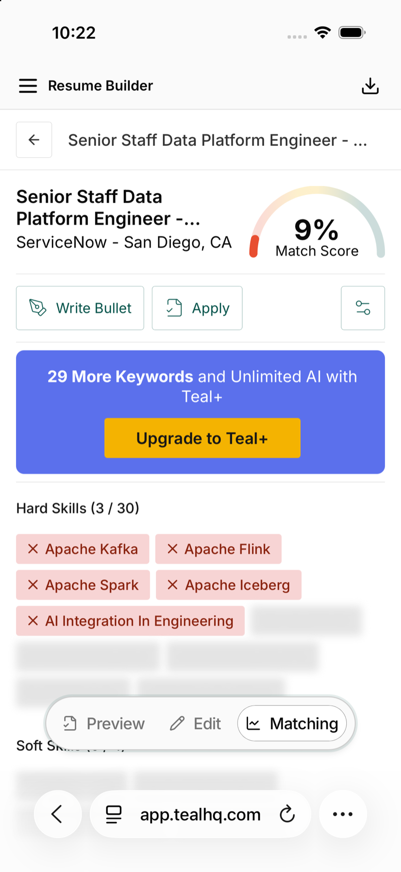 Teal's match score screen before any edits: 9 percent, Hard Skills 3 of 30, with Apache Kafka, Apache Flink, Apache Spark and Apache Iceberg all shown as missing above an upgrade banner.