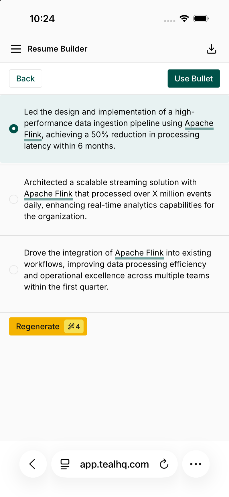 Three generated bullets asserting Apache Flink experience, including one with the unfilled placeholder, over X million events daily.
